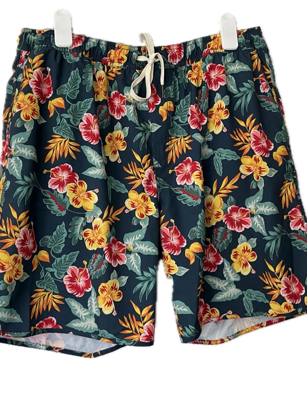 Fair Harbor Men's Navy Floral Swim Trunks with Red & Yellow Hibiscus